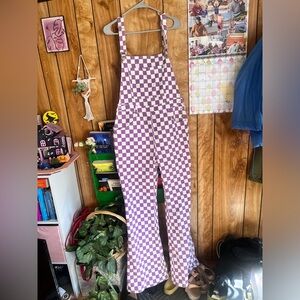 Worn twice! Fashionova purple checkered stretch flare overalls